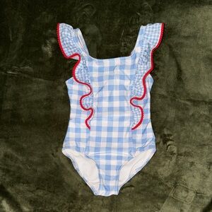 Cat & Jack Blue and White Gingham Swimsuit with Red Trim